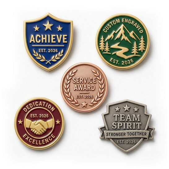 Additional engraved pin examples showing detailed metal artwork, polished finishes, and custom recognition pin designs
