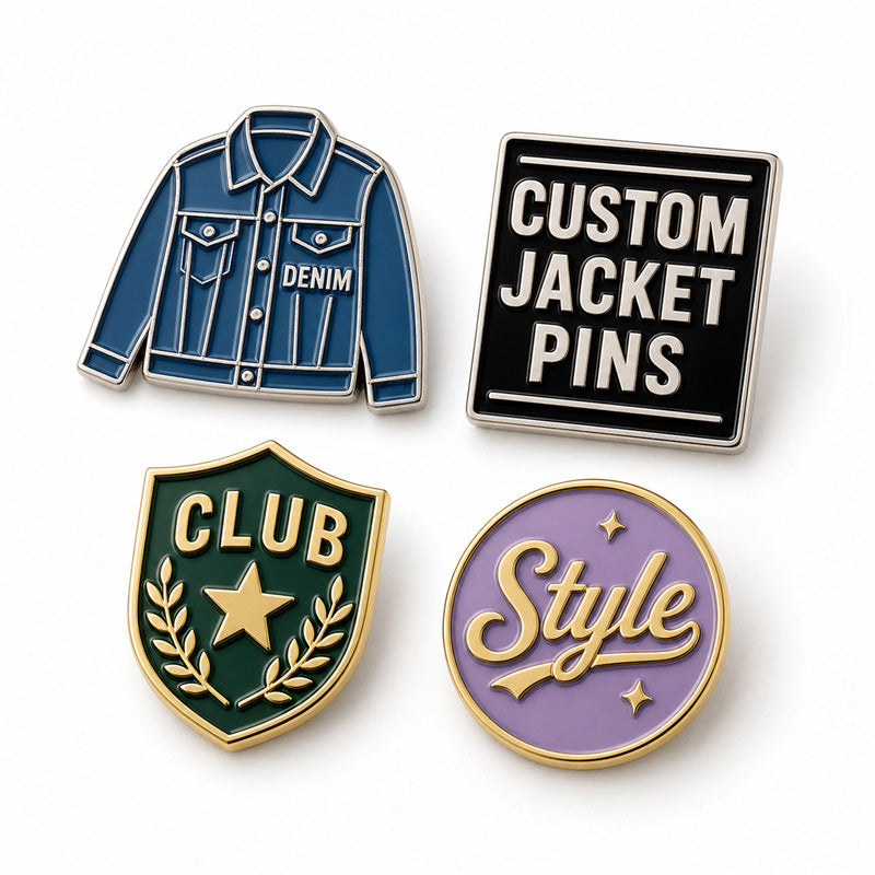 Collection of jacket pins showing different custom enamel pin styles, metal finishes, and creative designs