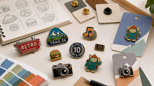 Cool pin ideas inspiration board with custom enamel pins, sketches, colors, and backing cards