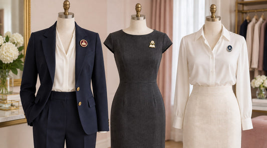 Blazer, dress, and blouse-and-skirt outfit options, with a small event pin on the blazer's left lapel.