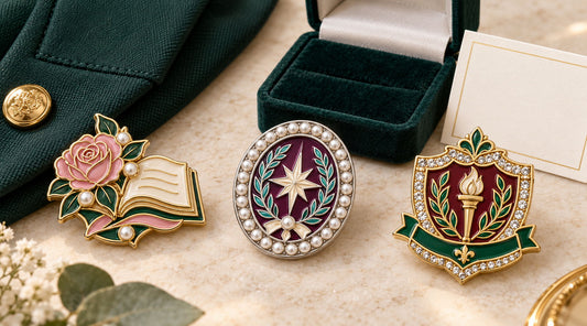 Illustrative enamel, pearl-border, and rhinestone-border pin concepts beside a blazer and message card.