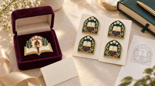 A single illustrative pin beside a gift card and a matching group of pins beside a design sketch.