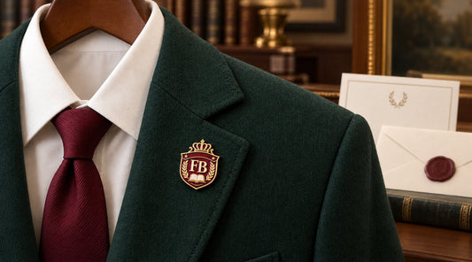 Fraternity pin etiquette cover showing left lapel placement, formal attire, and chapter-rule checklist.