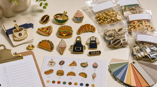 Bulk custom food pins order planning with cafe pins, restaurant pins, backing cards, proof sheet, packaging labels, and sorted quantities.