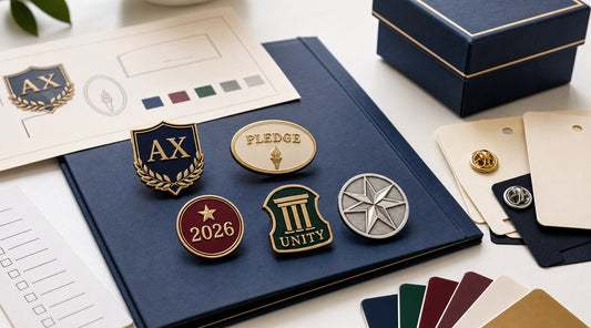 Greek pins and pledge pin planning guide with custom lapel pins, proofing, backing cards, and approval reminders.