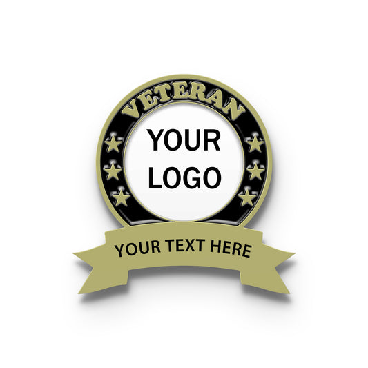 Veteran Pin with Custom Bottom Ribbon Text & Center Logo