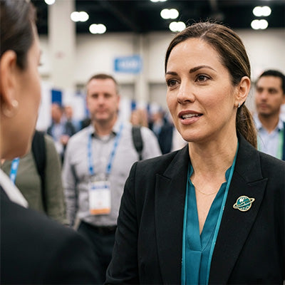 Company Employee Engaged in Professional Networking at a Business Conference Wearing a Custom-Branded Lapel Pin for Corporate Identity and Team Unity Representation in a Modern Workplace Environment