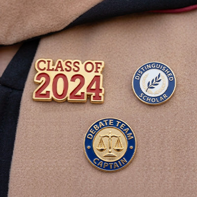 Educational Students Wearing Academic and Leadership Lapel Pins — Including “Class of 2024,” “Distinguished Scholar,” and “Debate Team Captain” — to Showcase Achievement, School Spirit, and Extracurricular Involvement on Campus or at Formal Events