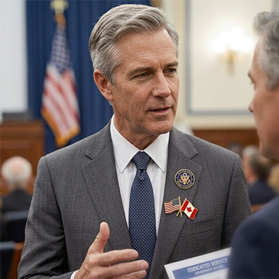 Government Staff Member in Professional Suit Engaging in Discussion While Wearing Official Lapel Pins Including National Flags and Congressional Badge for Government Applications Representation and Civic Duty Symbolism Visual
