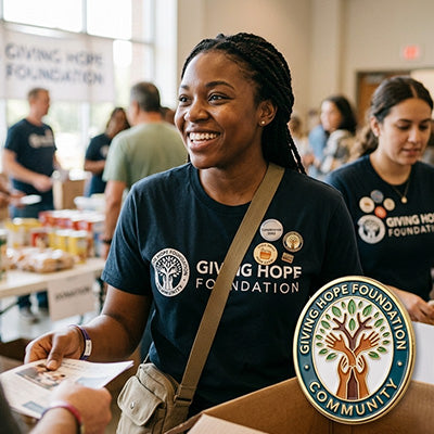 Non-Profit Volunteer and Students Engaged in Community Service Wearing "Giving Hope Foundation" Branded Lapel Pins and T-Shirts to Represent Organizational Mission, Unity, and Commitment to Community Support During Outreach Event
