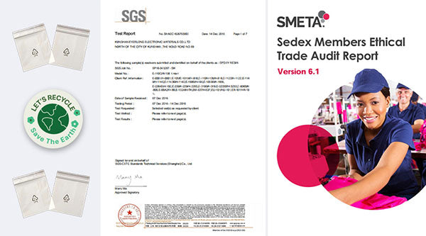Custom merchandise material certifications; corporate branded merchandise with safe materials; compliance badges.