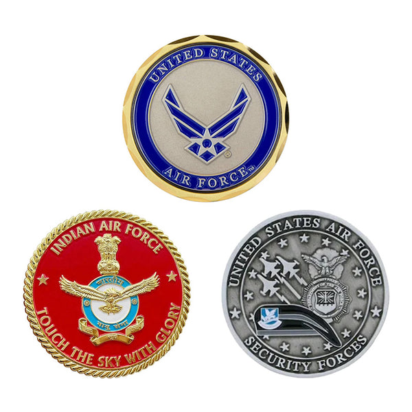 Air force-themed custom coins from the United States, Indian Air Force, and Security Forces