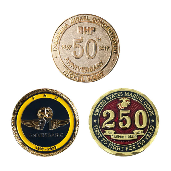 Custom commemorative coins with different designs and text  in die struck, soft enamel colors