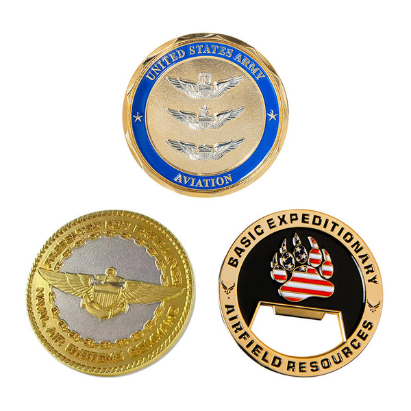 Aviation-themed custom coins with gold, blue, and black designs in different crafts
