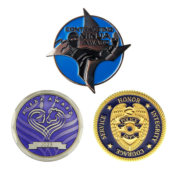 Three custom coins for awards with different designs, such as Alexa Award, Honor service, integrity, courage, etc.