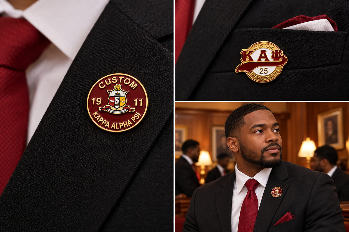 A round 1911 pin and a Kappa Alpha Psi 25-year membership pin worn on a black suit lapel in a warmly lit club interior.