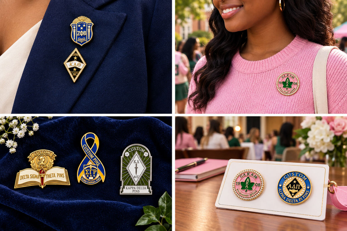 Custom sorority pins in a four-panel collage featuring a suit lapel close-up, a campus event, a navy velvet flat lay and a sisterhood meeting.