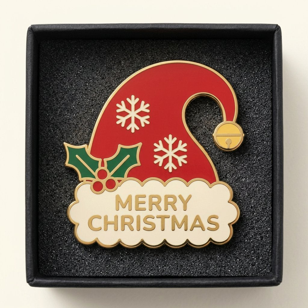 Finished Christmas hat enamel pin presented in a black gift box