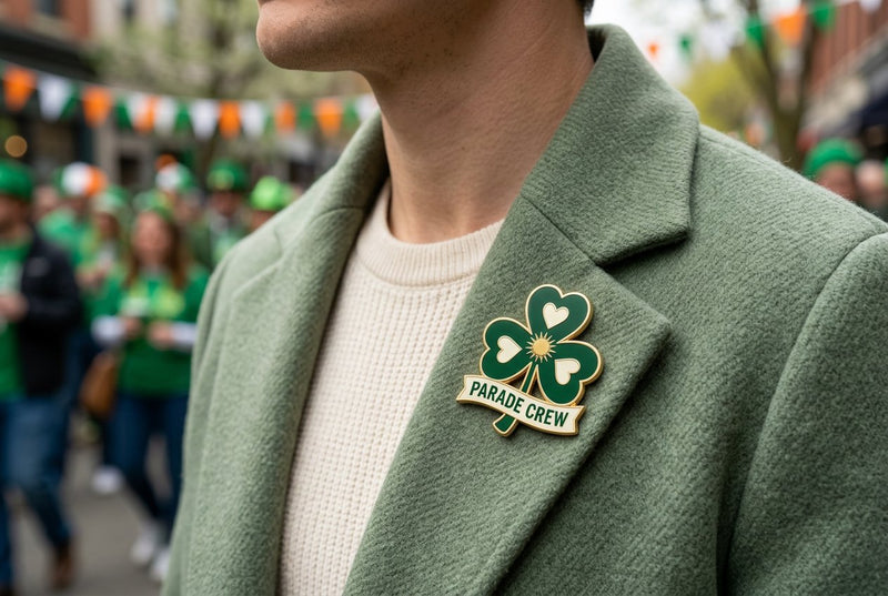 Participants wearing themed pins at a St. Patrick’s Day community parade