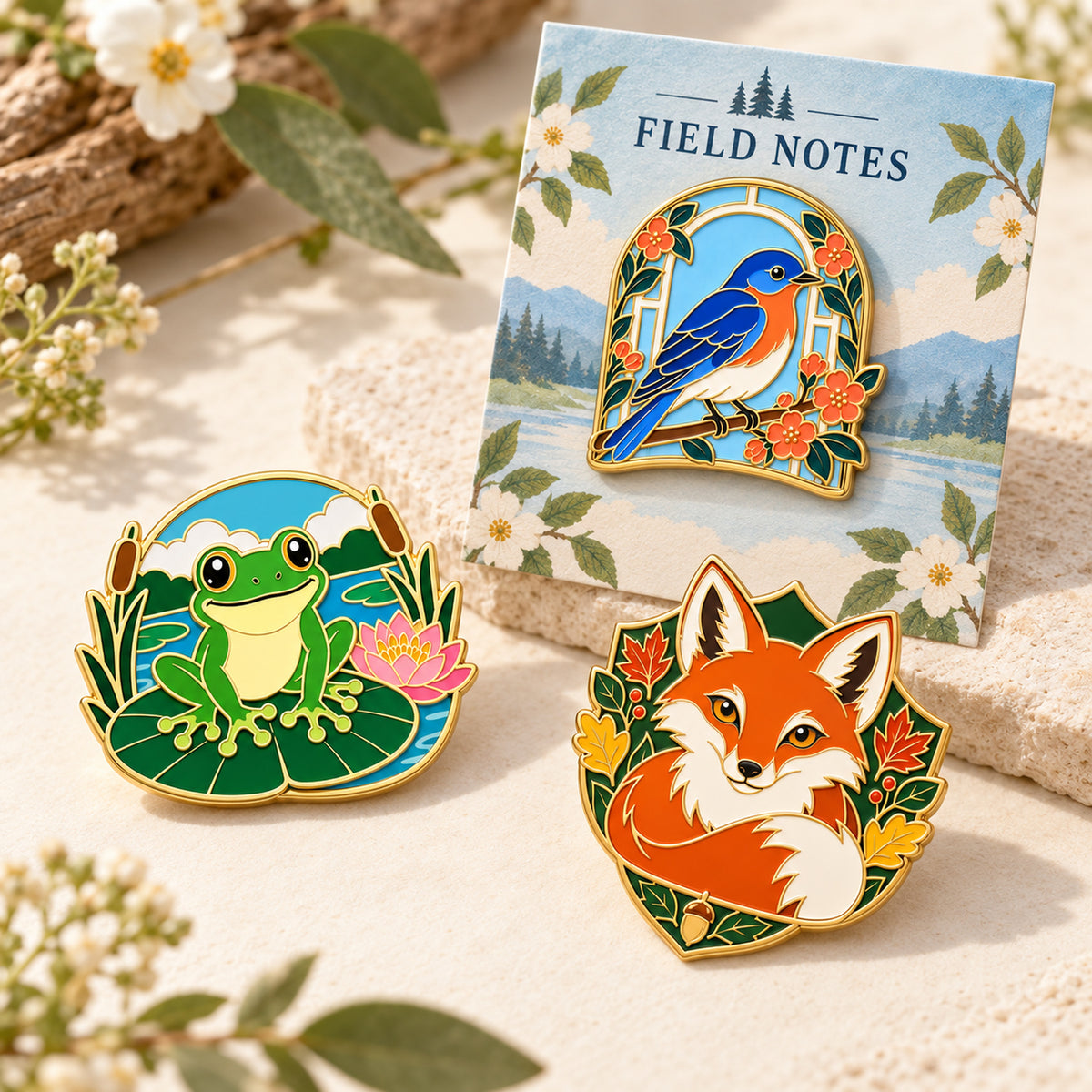 Coordinating bird, frog, and fox pins with a nature-themed backing card.