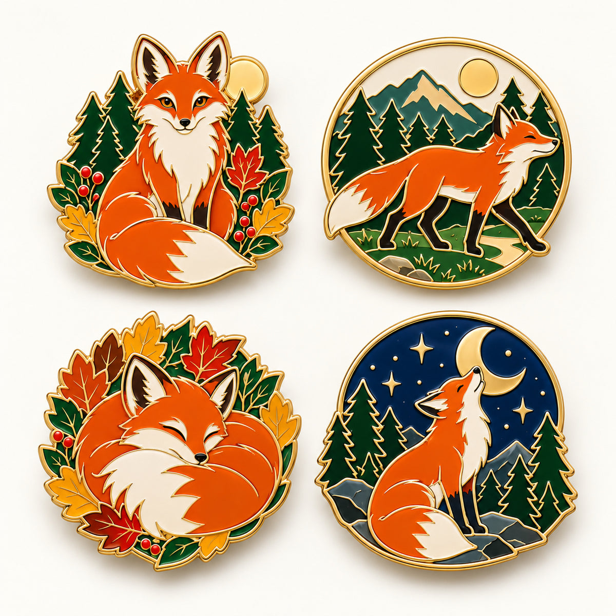 Four coordinating fox enamel pins with sitting, walking, sleeping, and moon-gazing poses.