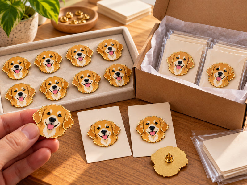 Matching gold-finished dog-head pins being checked, carded, and packed for shipment.