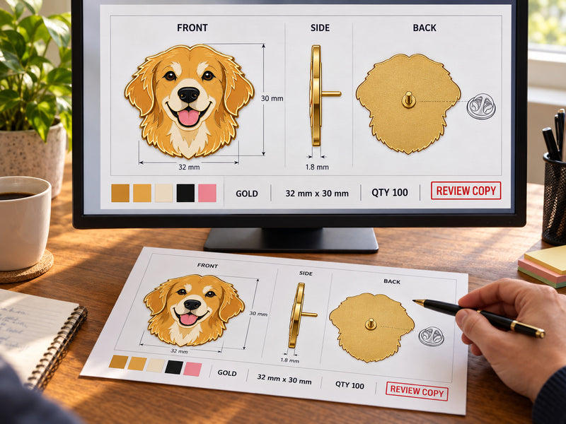 Digital and printed review proofs for the same dog-head pin, showing front, side, back, colors, size, and quantity.