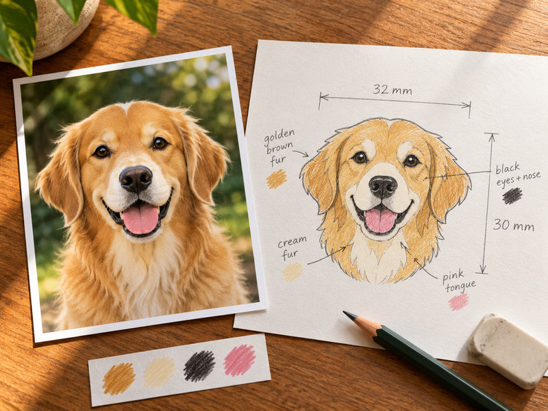 Golden retriever reference photo and an early sketch for a custom dog-head pin.