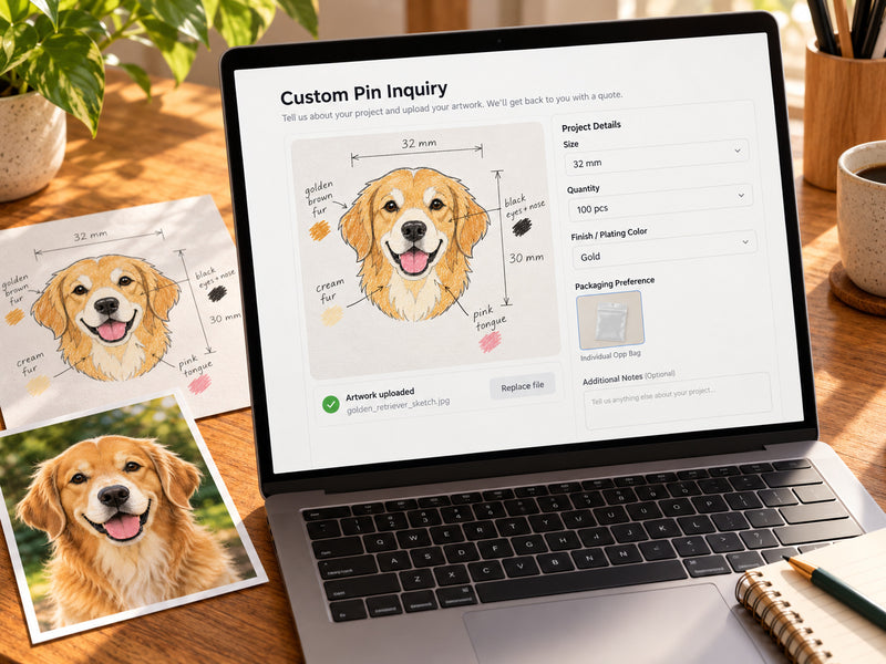 Custom animal pin inquiry form with the dog sketch, 32 mm width, gold finish, and quantity of 100.