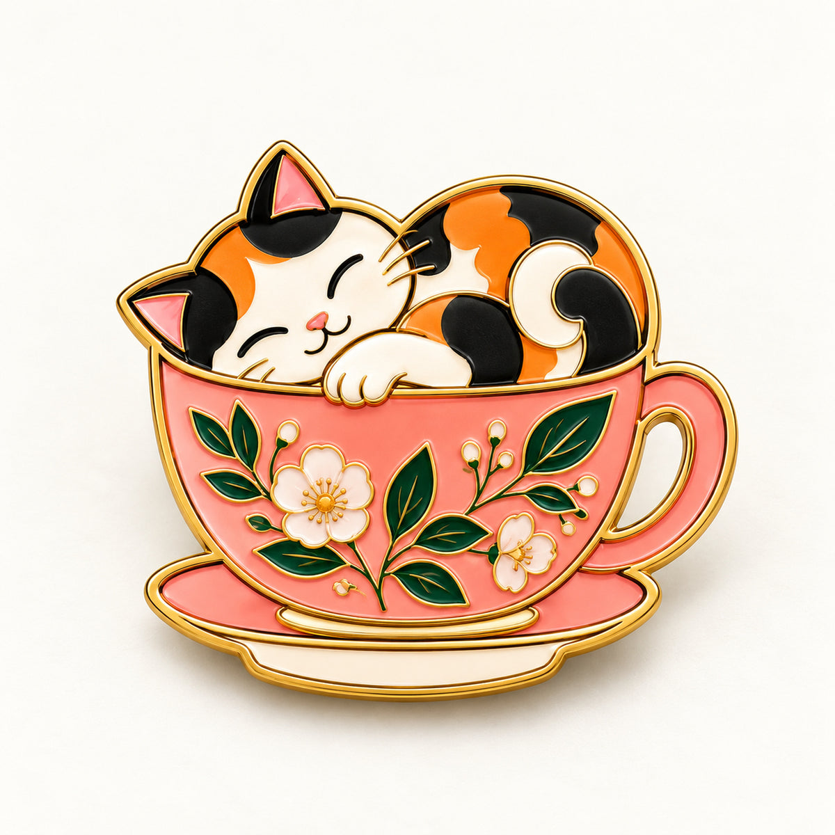 Sleeping calico cat curled inside a pink teacup-shaped enamel pin.