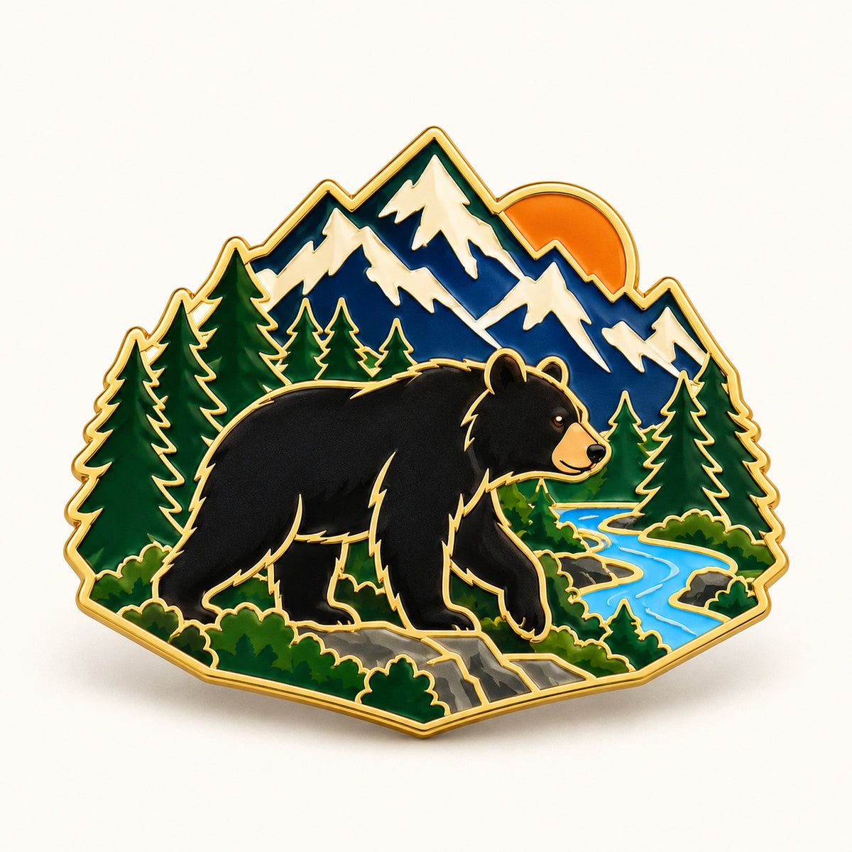 Mountain-shaped enamel pin showing a black bear among forest trees.