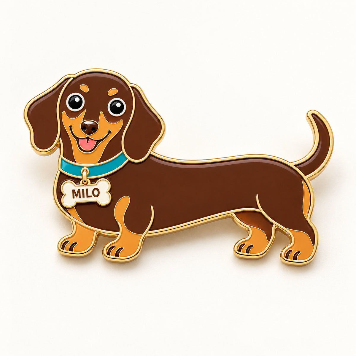Dachshund-shaped enamel pin with an outline following its ears, back, and tail.