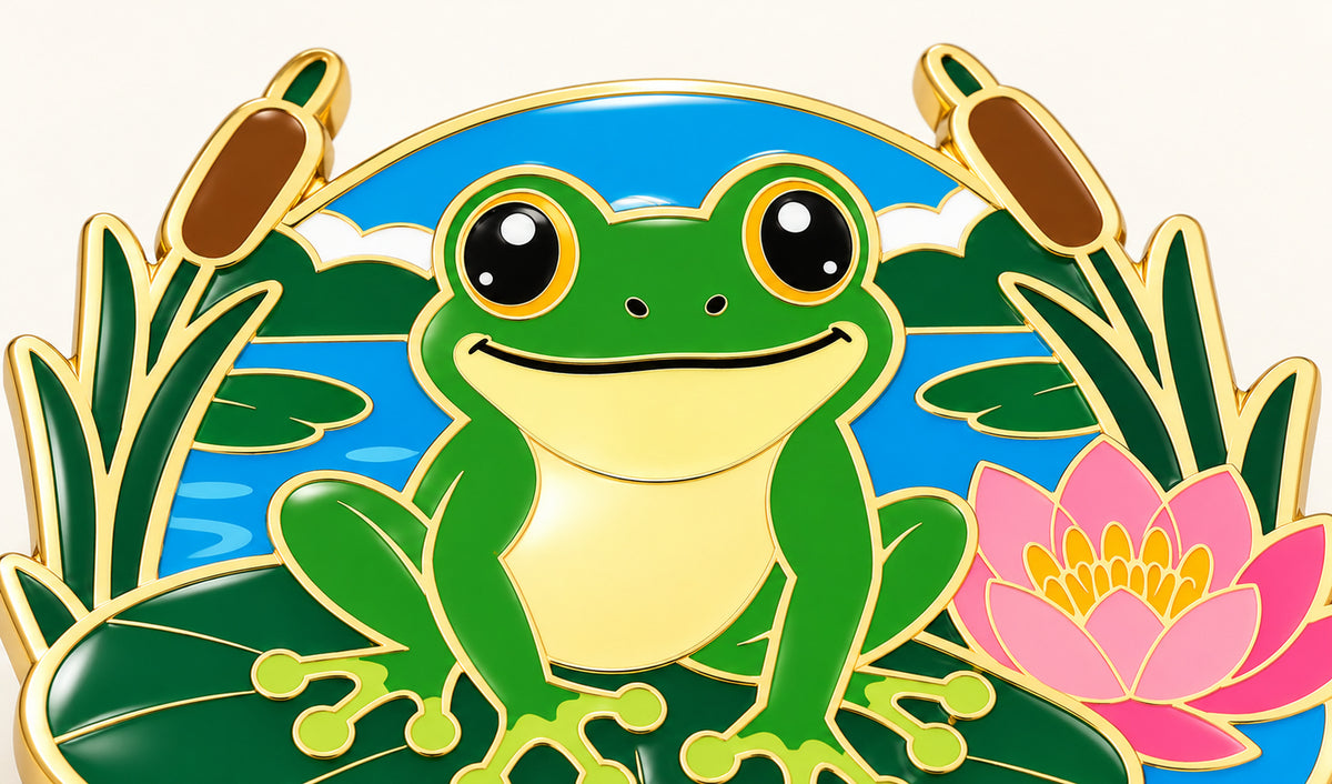 Matching frog pin macro showing hard enamel polished level with its gold dividers.
