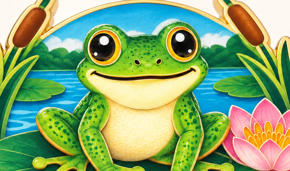 Matching frog pin macro showing printed skin markings, gradients, and fine color detail.