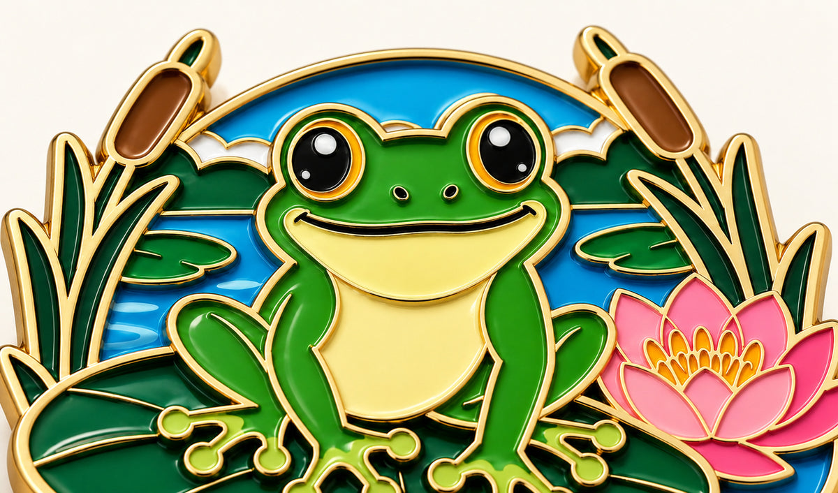 Frog pin macro showing raised gold outlines above recessed soft enamel colors.