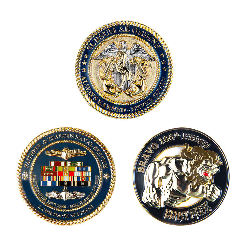 Three 3D custom coins with military designs including a naval eagle, submarine emblem, and roaring beast, all featuring custom text.