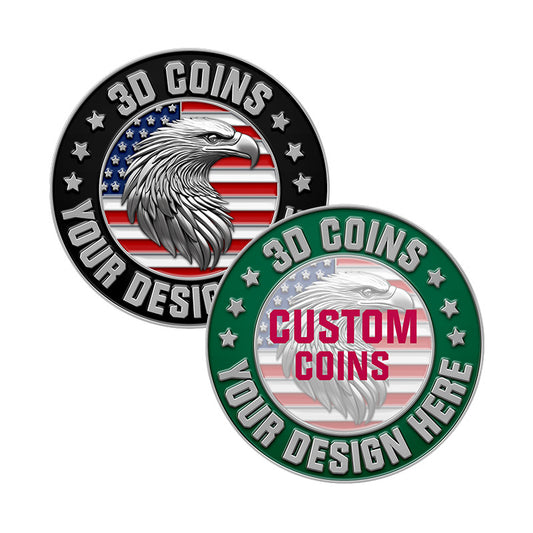 Custom 3D coin designs with black and green borders, American flag and eagle motifs, featuring custom text on white background.