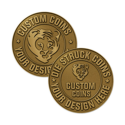 Custom die struck coins in metal with embossed tiger head design and stars, featuring custom text, stacked on white background.