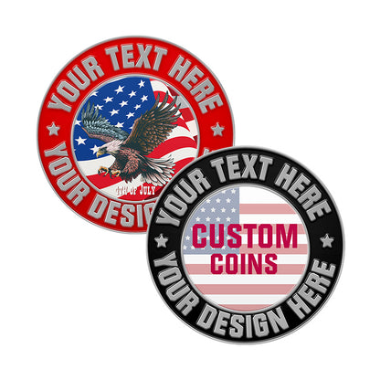 Two custom coin templates showing design options: top coin with red border features spread-wing bald eagle against US flag background; bottom coin with black border displays US flag pattern with text. Both include placeholder text areas for customization.