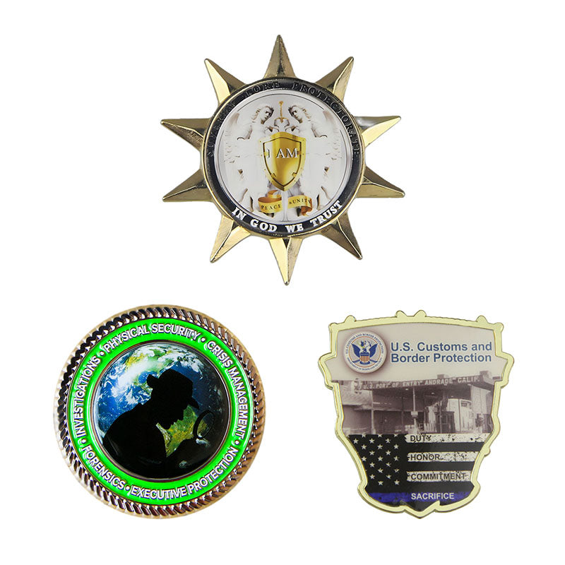 Custom UV printing coins in star, round, and shield shapes with designs of an eagle, globe, and flag, all featuring custom text.