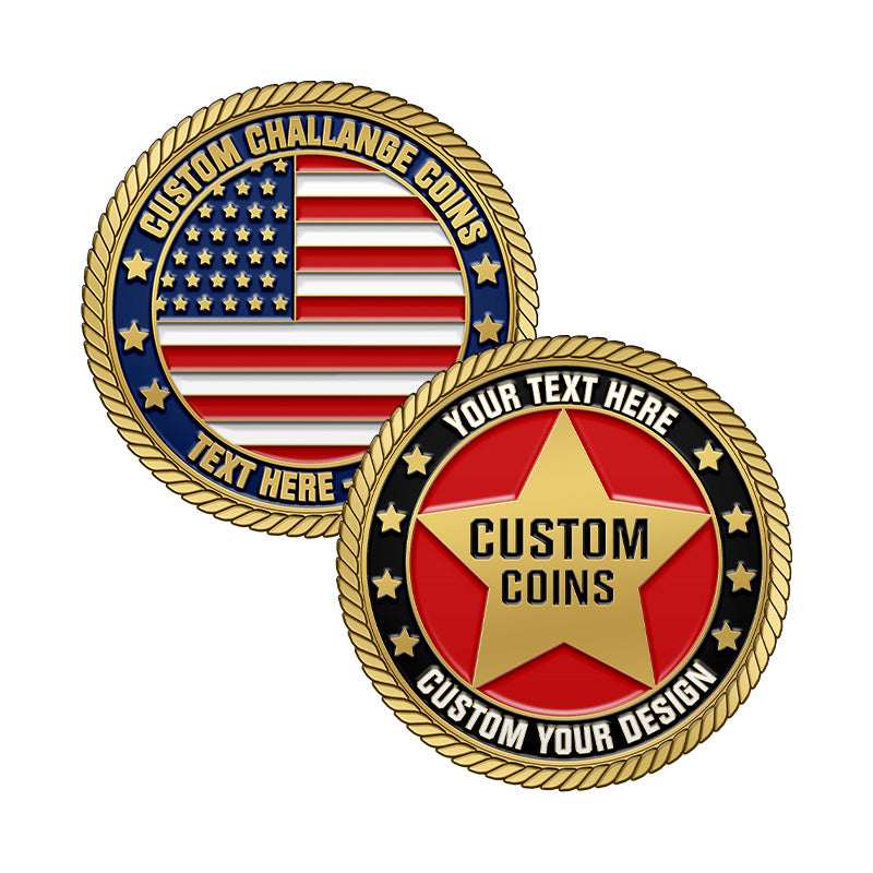 Custom enamel coins with American flag and star designs in gold, red, and blue, featuring custom text areas