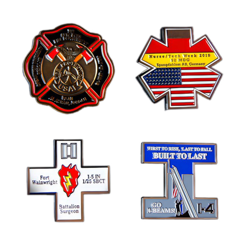 Four custom complex-shaped challenge coins featuring firefighting, nursing, medical, and construction designs with custom text.