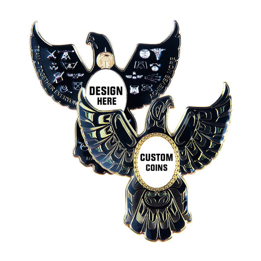 Custom unusual shaped coin featuring a black eagle with spread wings and gold accents, including customizable area labeled and text. 