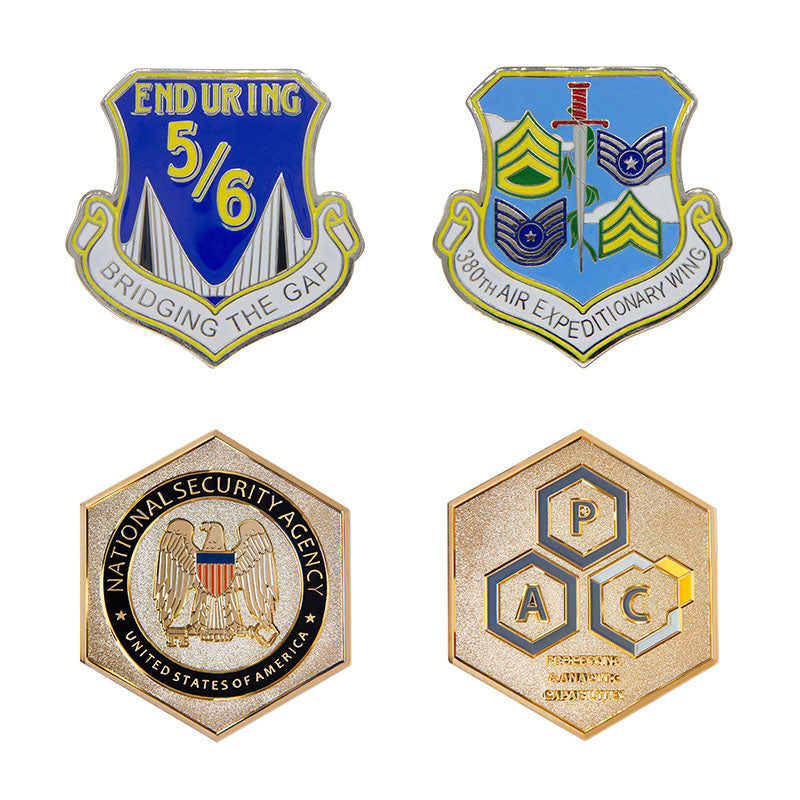 Custom unusual shaped coins in shield and hexagonal designs with military insignia like an eagle, rank symbols, and honeycomb patterns, featuring custom text.