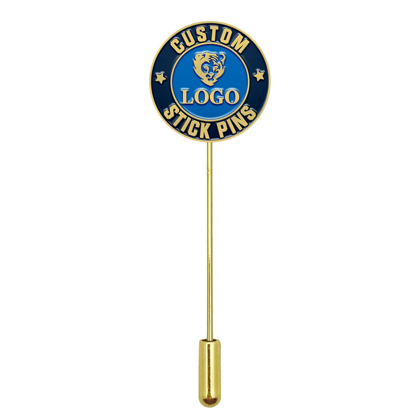 Gold custom stick pin with blue enamel circle featuring tiger design and custom text.