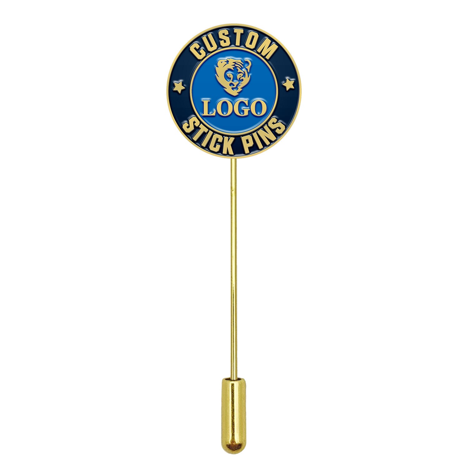 Gold custom stick pin with blue enamel circle featuring tiger design and custom text.