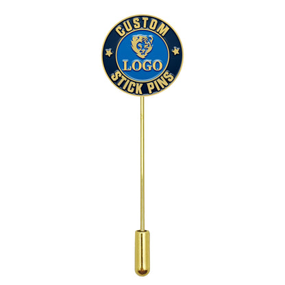 Gold custom stick pin with blue enamel circle featuring tiger design and custom text.