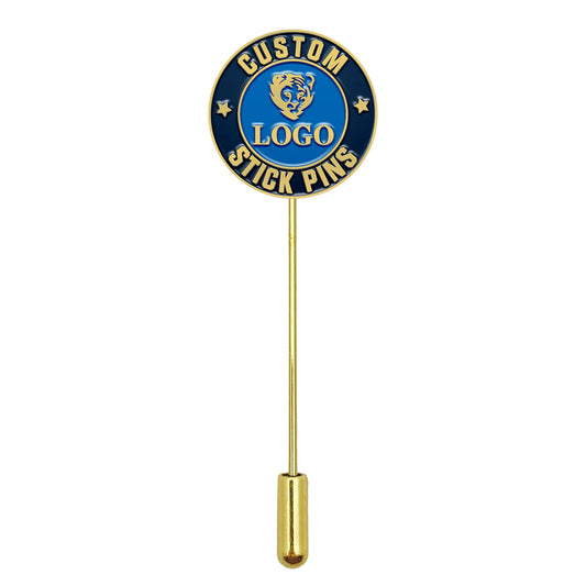Gold custom stick pin with blue enamel circle featuring tiger design and custom text.