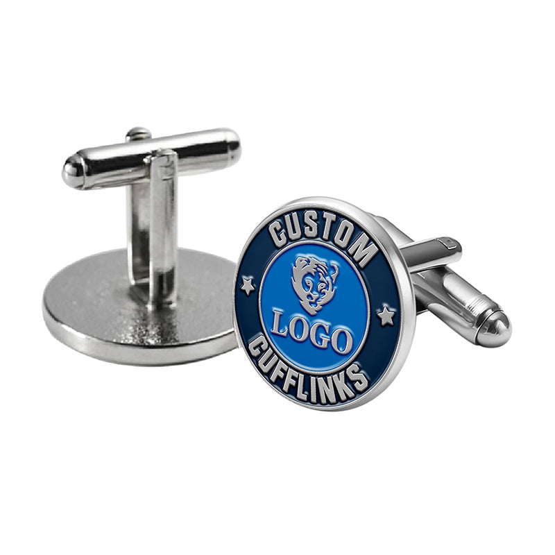 Custom blue cufflinks showing front and back views of the same product, with space for custom text or logo.