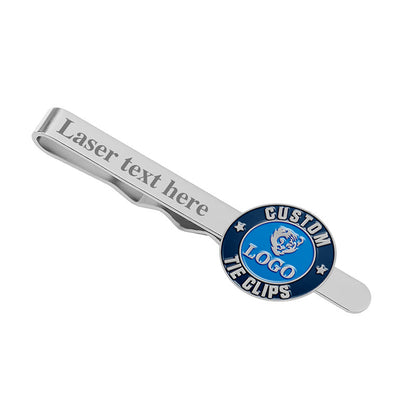 Custom silver tie bar with blue enamel circular emblem, featuring a tiger design and space for custom text and logo.